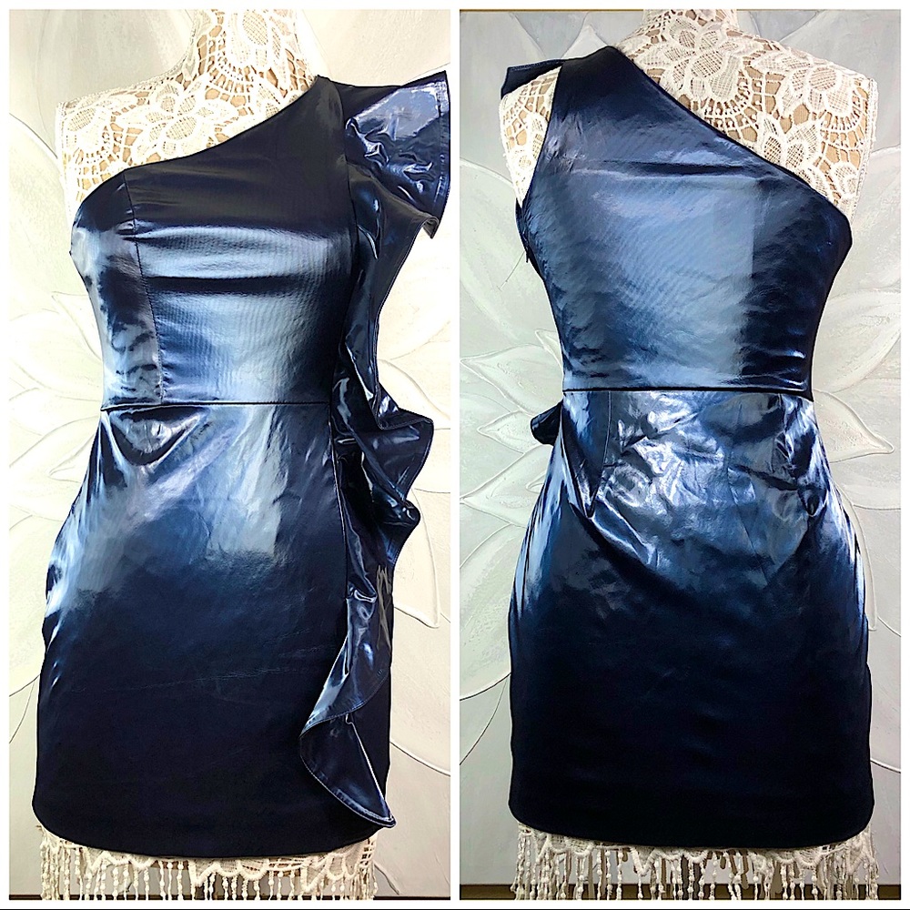 ❌$15 SALE❌ H:OURS Frill Side Bodycon Vinyl Navy Mini Dress S